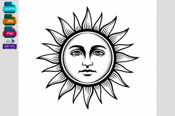 Vintage Sun Face SVG Clipart Black and